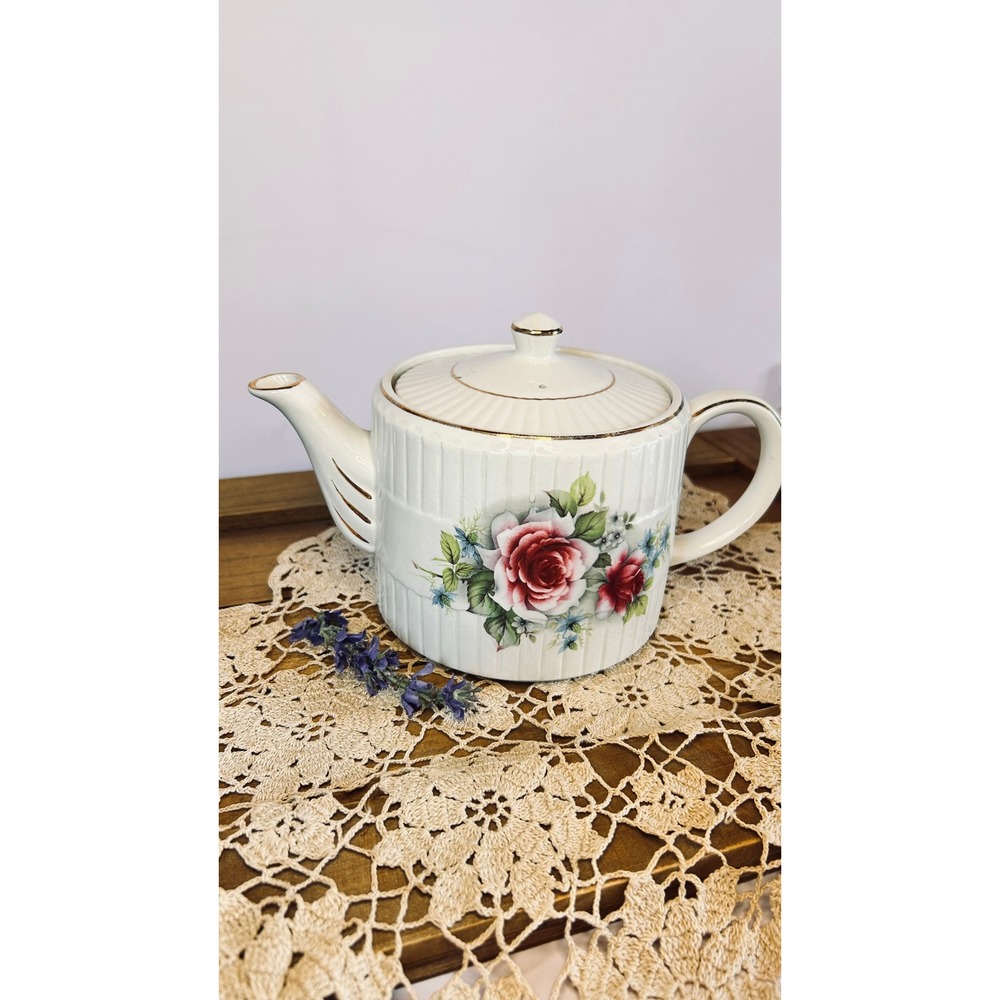 Vintage Rose Floral Ironstone Teapot Ellgreave Wood & Sons Made in England